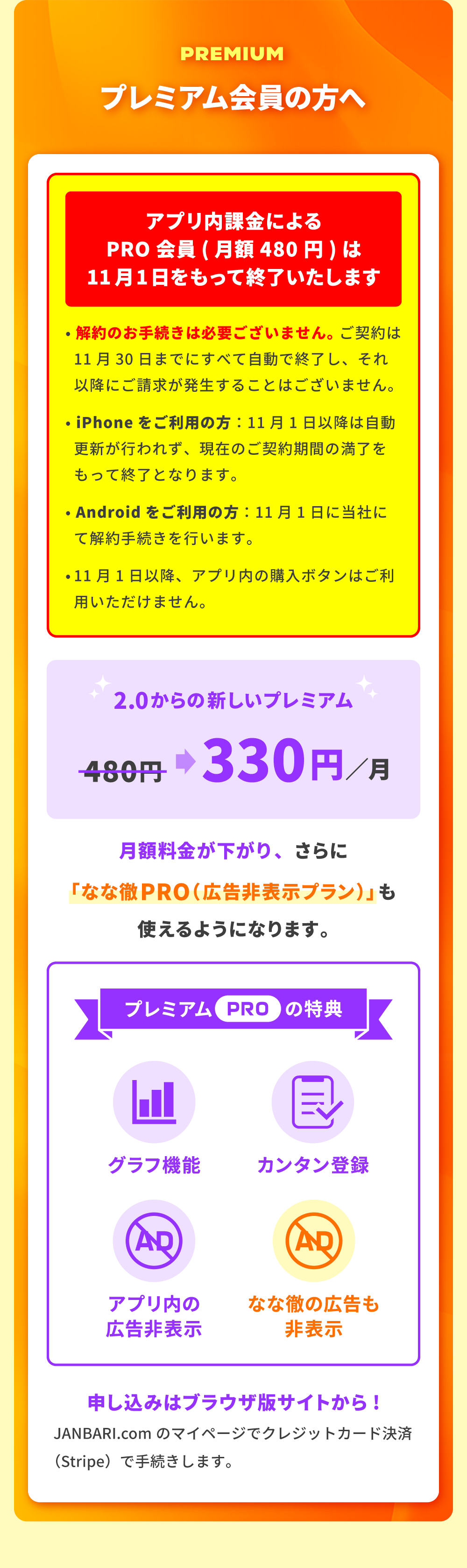 プレミアム会員の方へ。アプリ内課金によるPRO会員（月額480円）は11月1日をもって終了いたします。解約のお手続きは必要ございません。ご契約は11月30日までにすべて自動で終了し、それ以降にご請求が発生することはございません。iPhoneをご利用の方：11月1日以降は自動更新が行われず、現在のご契約期間の満了をもって終了となります。Androidをご利用の方：11月1日に当社にて解約手続きを行います。11月1日以降、アプリ内の購入ボタンはご利用いただけません。2.0からの新しいプレミアムは月額480円から330円に。月額料金が下がり、さらに「なな徹PRO（広告非表示プラン）」も使えるようになります。プレミアムPROの特典：グラフ機能、カンタン登録、アプリ内の広告非表示、なな徹の広告も非表示。申し込みはブラウザ版サイトから！JANBARI.comのマイページでクレジットカード決済（Stripe）で手続きします。