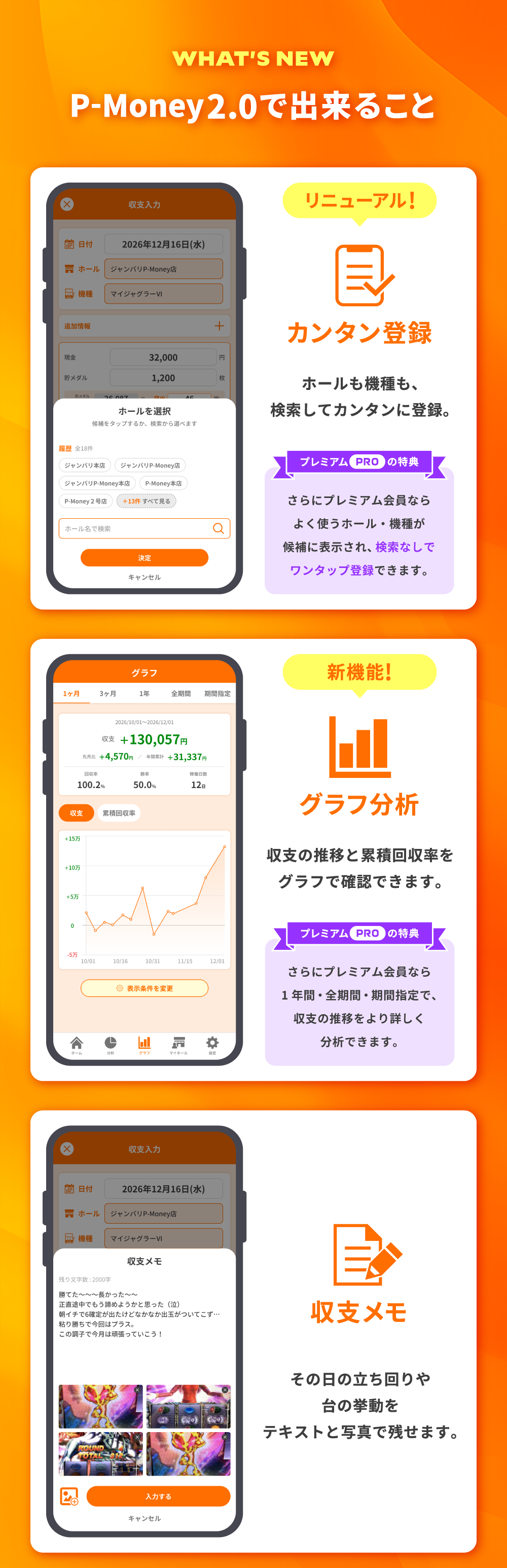 P-Money2.0で出来ること。カンタン登録（リニューアル！）：ホールも機種も、検索してカンタンに登録。プレミアムPROの特典：さらにプレミアム会員なら、よく使うホール・機種が候補に表示され、検索なしでワンタップ登録できます。グラフ分析（新機能！）：収支の推移と累積回収率をグラフで確認できます。プレミアムPROの特典：さらにプレミアム会員なら、1年間・全期間・期間指定で、収支の推移をより詳しく分析できます。収支メモ：その日の立ち回りや台の挙動をテキストと写真で残せます。